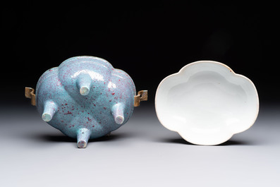 A Chinese famille rose 'gu' vase and a robin's egg-glazed tripod double-walled warming bowl, Qianlong mark, 19/20th C.