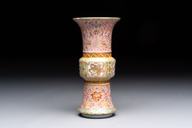 A Chinese famille rose 'gu' vase and a robin's egg-glazed tripod double-walled warming bowl, Qianlong mark, 19/20th C.