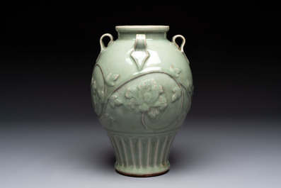 A Chinese Longquan celadon vase with floral design, Ming
