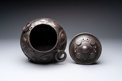 An unusual Chinese gold- and silver-inlaid iron censer and cover, Xuande mark, Ming