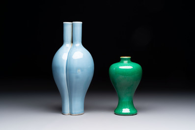 A Chinese claire-de-lune triple-neck vase and a green-glazed 'Meiping' vase, Qianlong mark, 19th C.