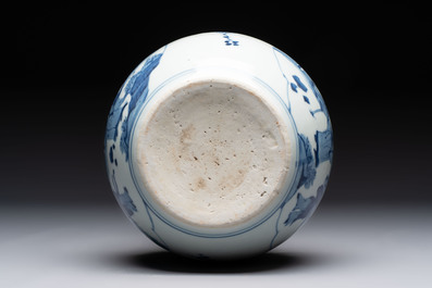 A Chinese blue and white 'Lian Sheng San Ji 連升三級&lsquo; and 'Xie Qin Fang You 攜琴訪友' bowl, Transitional style