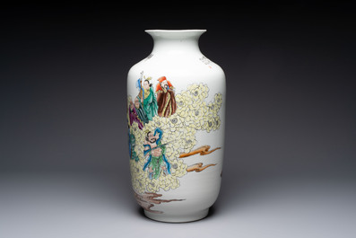 A Chinese famille rose 'Qun Xian Hui 群仙會' vase, signed Cai Yun 蔡雲, Qianlong mark, dated 1943