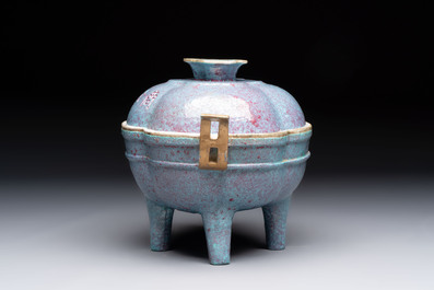 A Chinese famille rose 'gu' vase and a robin's egg-glazed tripod double-walled warming bowl, Qianlong mark, 19/20th C.