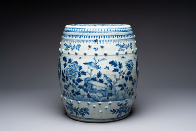 A Chinese blue and white 'birds among flowering branches' garden seat, 19th C.