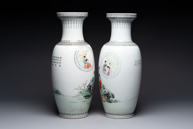 Four Chinese famille rose vases with figures and birds among flowering branches, Qianlong marks, 20th C.