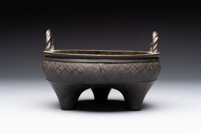 A fine Chinese archaistic bronze tripod censer, Yuan