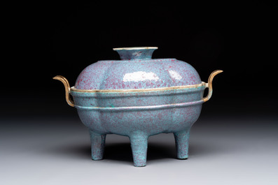 A Chinese famille rose 'gu' vase and a robin's egg-glazed tripod double-walled warming bowl, Qianlong mark, 19/20th C.