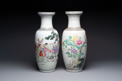 Four Chinese famille rose vases with figures and birds among flowering branches, Qianlong marks, 20th C.