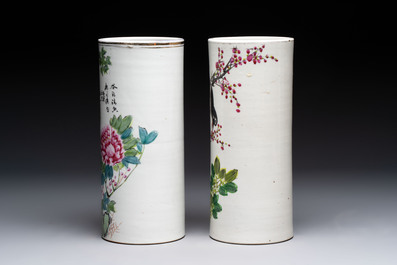 Four Chinese famille rose hat stands with figures and birds among blossoming branches, Republic