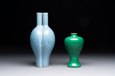 A Chinese claire-de-lune triple-neck vase and a green-glazed 'Meiping' vase, Qianlong mark, 19th C.