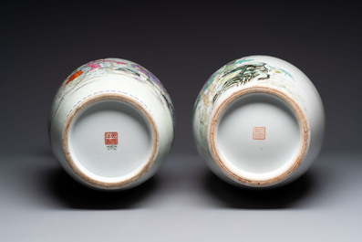 Four Chinese famille rose vases with figures and birds among flowering branches, Qianlong marks, 20th C.