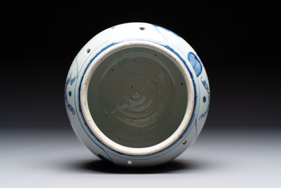 A Chinese blue and white 'Lian Sheng San Ji 連升三級&lsquo; and 'Xie Qin Fang You 攜琴訪友' bowl, Transitional style