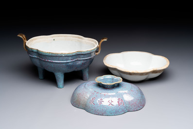 A Chinese famille rose 'gu' vase and a robin's egg-glazed tripod double-walled warming bowl, Qianlong mark, 19/20th C.