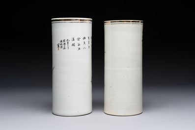 Four Chinese famille rose hat stands with figures and birds among blossoming branches, Republic
