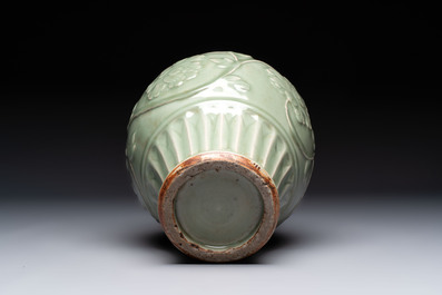 A Chinese Longquan celadon vase with floral design, Ming