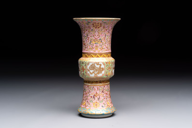 A Chinese famille rose 'gu' vase and a robin's egg-glazed tripod double-walled warming bowl, Qianlong mark, 19/20th C.