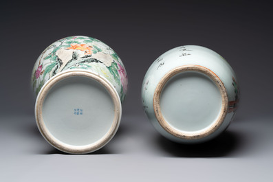Two Chinese famille rose vases with floral design, signed Zou He Sheng 鄒和勝, Jiangxi Ciye Gongsi 江西瓷業公司 mark, 20th C.