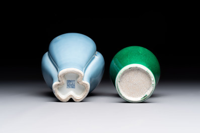 A Chinese claire-de-lune triple-neck vase and a green-glazed 'Meiping' vase, Qianlong mark, 19th C.
