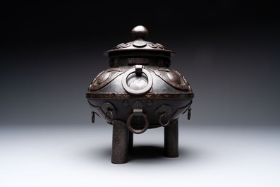 An unusual Chinese gold- and silver-inlaid iron censer and cover, Xuande mark, Ming
