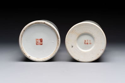 Four Chinese famille rose hat stands with figures and birds among blossoming branches, Republic