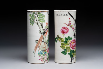 Four Chinese famille rose hat stands with figures and birds among blossoming branches, Republic