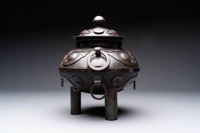 An unusual Chinese gold- and silver-inlaid iron censer and cover, Xuande mark, Ming