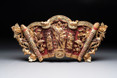 Seven Chinese gilt-lacquered carved wooden panels with narrative design, 19th C.