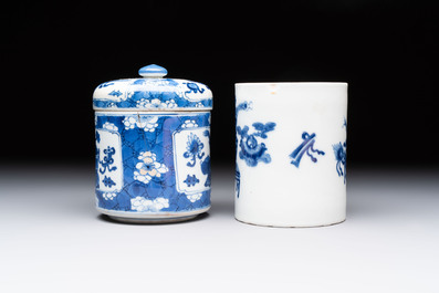 Two Chinese blue and white vases, a covered jar and a brush pot, Kangxi and later