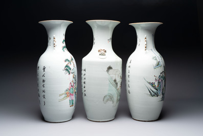 Three Chinese famille rose vases and a plaque-mounted stool, signed Mao Zirong 毛子榮, Yang Qingshan 楊青山 and Liu Jishun 劉吉順, 19/20th C.