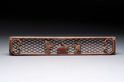 Seven Chinese gilt-lacquered carved wooden panels with narrative design, 19th C.
