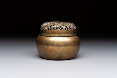 A Chinese mandarin duck-form water dropper, a hand warmer and a bronze censer, Zhen Wan 珍玩 and Zhang Mingqi Zhi 張鳴歧製 mark, 19th C.