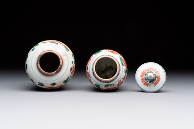 Five Chinese wucai 'Buddhist lion' and 'peony scroll' jars, Transitional period