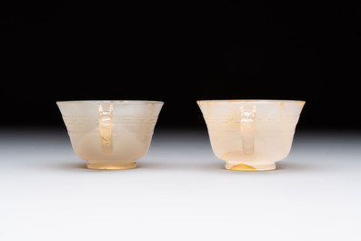 Six various Chinese agate, soapstone and serpentine wares, 19/20th C.