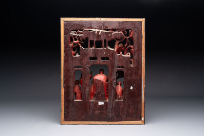 Seven Chinese gilt-lacquered carved wooden panels with narrative design, 19th C.