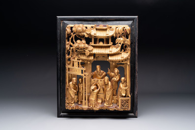 Seven Chinese gilt-lacquered carved wooden panels with narrative design, 19th C.