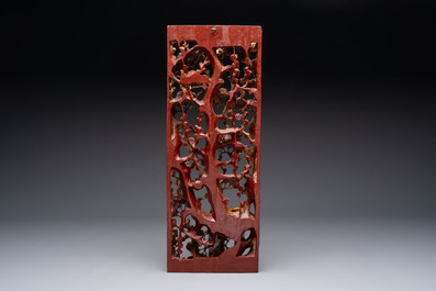 Seven Chinese gilt-lacquered carved wooden panels with narrative design, 19th C.