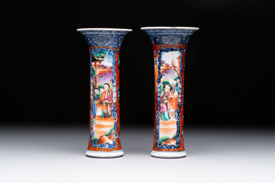 A Chinese famille rose garniture of five 'mandarin subject' vases, Qianlong