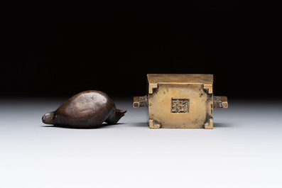 A Chinese mandarin duck-form water dropper, a hand warmer and a bronze censer, Zhen Wan 珍玩 and Zhang Mingqi Zhi 張鳴歧製 mark, 19th C.