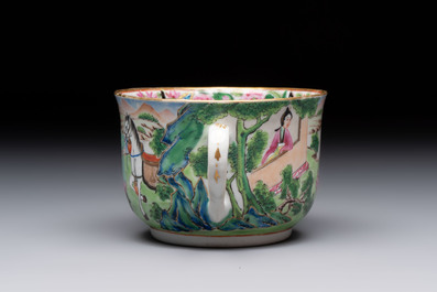 A rare Chinese Canton famille rose inscribed cup and saucer, Daoguang mark and of the period
