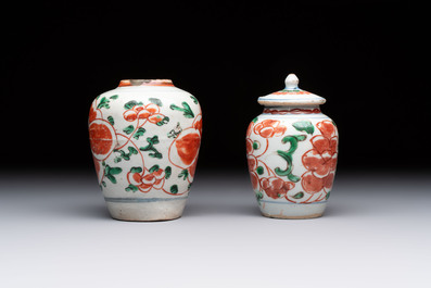 Five Chinese wucai 'Buddhist lion' and 'peony scroll' jars, Transitional period