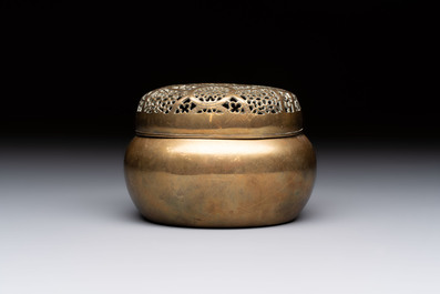 A Chinese mandarin duck-form water dropper, a hand warmer and a bronze censer, Zhen Wan 珍玩 and Zhang Mingqi Zhi 張鳴歧製 mark, 19th C.