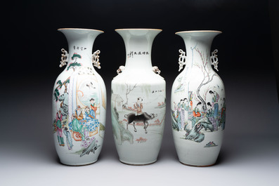 Three Chinese famille rose vases and a plaque-mounted stool, signed Mao Zirong 毛子榮, Yang Qingshan 楊青山 and Liu Jishun 劉吉順, 19/20th C.