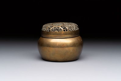 A Chinese mandarin duck-form water dropper, a hand warmer and a bronze censer, Zhen Wan 珍玩 and Zhang Mingqi Zhi 張鳴歧製 mark, 19th C.