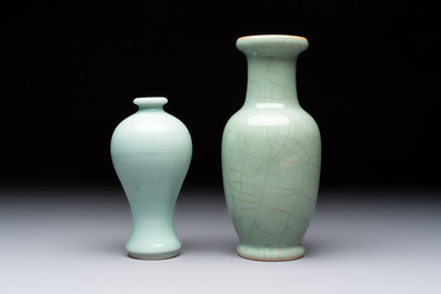 A Chinese flamb&eacute;-glazed cylindrical jardini&egrave;re and two celadon-glazed vases, 19th C.