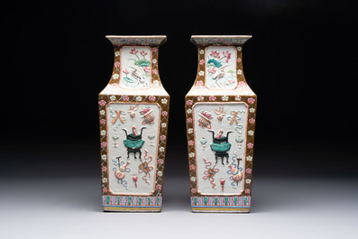 A pair of Chinese famille rose relief-moulded rectangular 'antiquities' vases, 19th C.