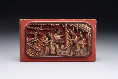 Seven Chinese gilt-lacquered carved wooden panels with narrative design, 19th C.