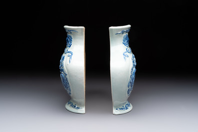 A pair of Chinese blue and white celadon-ground 'Buddhist lions' wall pocket vases, Yongzheng mark, 19/20th C.