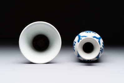 Three Chinese blue and white vases, one with wooden cover, Kangxi