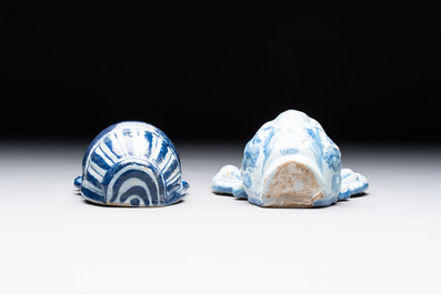 Two blue and white Dutch Delft holy water fonts, 17th C.